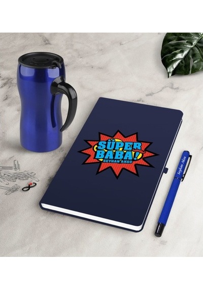 Kişiye Özel Süper Baba Lacivert Defter Kalem Termos Mug Seti-2
