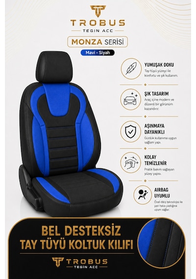 Tofaş Doğan 1990+ Uyumlu Monza Serisi Sport Tay Tüyü Kadife Siyah Mavi Koltuk Kılıfı