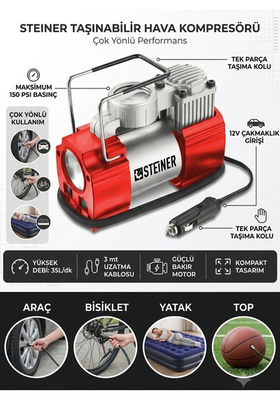 Steiner 12v Çakmaklık Girişli 150 Psi Mini Hava Kompresörü Kırmızı