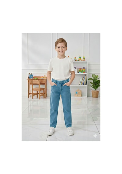 Erdem Kıds Erkek Çocuk Pamuklu Beli Lastikli Baggy Jean Pantolon Rahat Kalıp Geniş Bol Paça Kot Pantolon Mavi Mavi Erdem Kıds Erkek Çocuk Pamuklu Beli Lastikli Baggy Jean Pantolon Rahat Kalıp Geniş Bol Paça Kot Pantolon Mavi Mavi