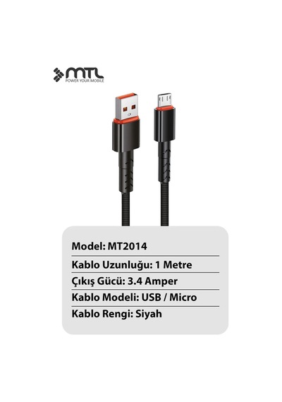 3.4a Usb To Micro Usb Hasır Örgülü Hızlı Şarj Ve Data Kablosu 1 Metre Siyah Mt2014