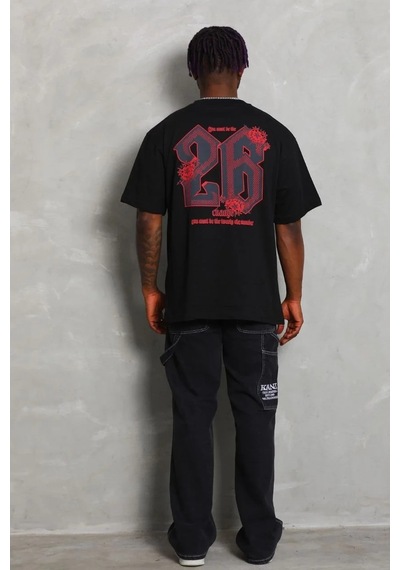 Erkek Baskılı Tişört Kısa Kol Bisiklet Yaka Oversize T-shirt - Siyah