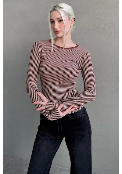 Kahverengi Çizgili Uzun Kollu Kadın Body Mg2657 Kahverengi