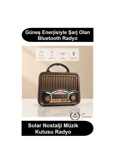 Retroradyo Solar Nostalji Müzik Kutusu Şarjlı Fm Radyo Bluetooth Hoparlör Usb Tf Kart Destekli Ahşa