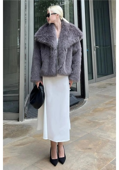 Tille Miss Dame Yumuşak Dokunuşlu Oversize Çıtçıtlı Antrasit Kürk Mont Gümüş Gümüş
