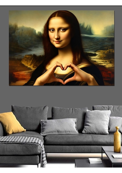 Kalp İşareti Yapan Mona Lisa Dekoratif Kanvas - Mdf Ahşap Tablo