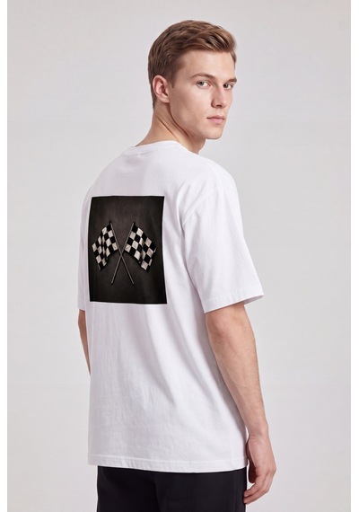 Black Nova Oversize Baskılı Unisex Tişört Race Flags Beyaz
