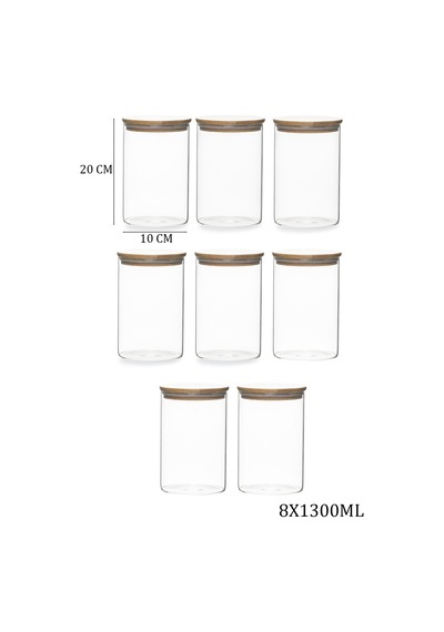 Porsima 2-4 Bambu Borosilikat Vakumlu Kapaklı Yuvarlak Cam 8li Kavanoz Seti Saklama Kabı 1300ml 10x20cm