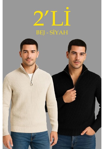 Novalisse Erkek Fitilli Triko Kazak 2 Li Set Siyah Bej Kalın Dokuma Pamuklu Regular Fit V Yaka Çoklu Renk