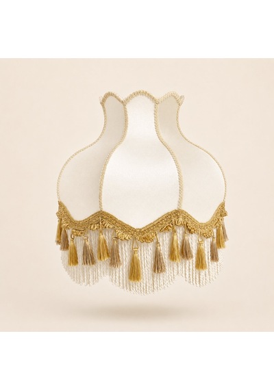 Ekru Kadife Kaplı Gold Püsküllü El Yapımı Vintage Lambader Şapkası 50x50cm Beyaz