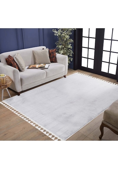 Vl Comfort Peluş Halı Beyaz Düz Saçaklı Açık Gri Ponpon Saçak