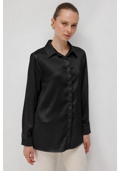 Mizalle Basic Siyah Saten Gömlek