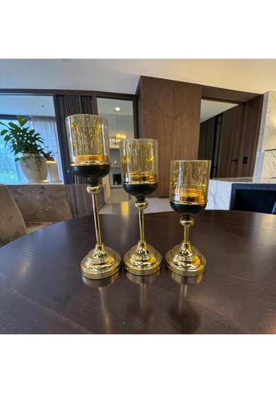 Noir Gold Şamdan Mumluk Seti Siyah & Altın Modern 3 Lü Lüks Masa Üstü Dekoratif Aksesuar Altın
