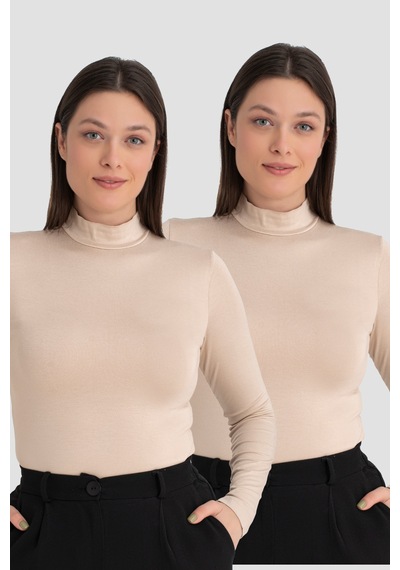 Arma Yıldız Kadın Ten Balıkçı Yaka Uzun Kollu Body 2'li Paket Ten