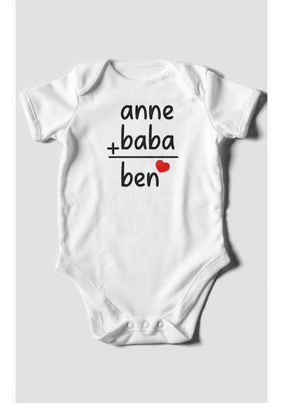 Anne Baba Ve Ben Baskılı Bebek Zıbını Çıtçıtlı Body %100 Pamuk Kısa Kol Beyaz