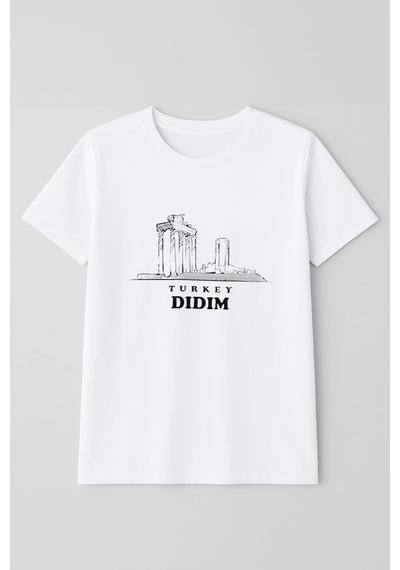 Erkek Bisiklet Yaka %100 Pamuk Didim Baskılı Kısa Kollu T-shirt Beyaz