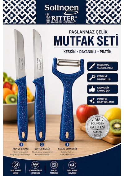 Solingen Ritter 3'lü Paslanmaz Çelik Mutfak Seti Mavi