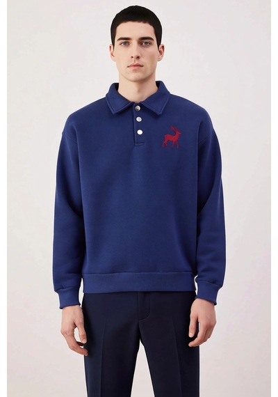 Benerly Erkek Polo Yaka Standart Kol Oversize Kalıp Sweatshirt Fonksiyone Lacivert