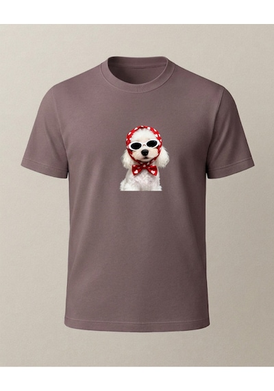 Başrötülü Beyaz Köpke Baskılı T-shirt Kahverengi