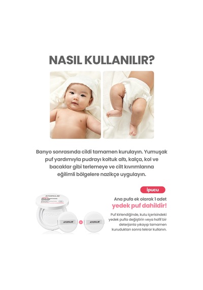 Yenidoğanlara Özel, Talk İçermeyen Temiz İçerikli Kompakt Bebek Pudrası Atopalm Mild Soothing Powder