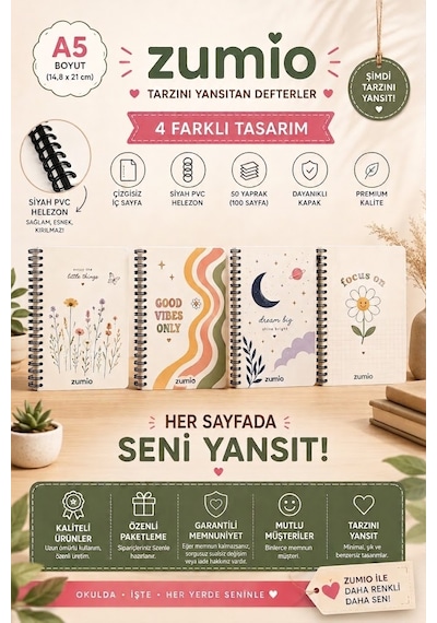 Zumio I A5 Spiralli Çizgisiz Defter 50 Yaprak 4'lü Tasarım Serisi Düz