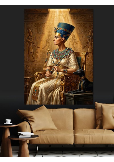 Tahtta Oturan Mısır Kraliçesi Nefertiti Dekoratif Kanvas - Mdf Ahşap Tablo