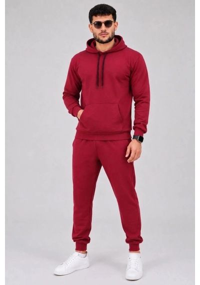 Freedom Storee Erkek İki İplik Kapüşonlu Kanguru Cepli Sweatshirt Jogger Pantolon Alt Üst Eşofman Takımı -bordo Çok Renkli