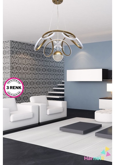 3 Renk Yanabilen Şeker Camlı Modern Ledli Avize Gold Sarı