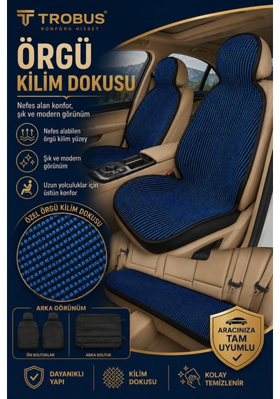 Hyundai Elantra 2016-2020 Üniversal Örme 3 Parça Minder Terletmez Kaymaz Taban Siyah Mavi