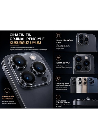 İphone 17 Pro Ve 17 Pro Max Uyumlu Kamera Lens Koruyucu, Gümüş, Orijinal Rengiyle Kusursuz Uyum, Darbe Emici, 9h Temperli Cam, Kolay Kurulum, Anti-reflection Kaplama, Metal Çerçeve