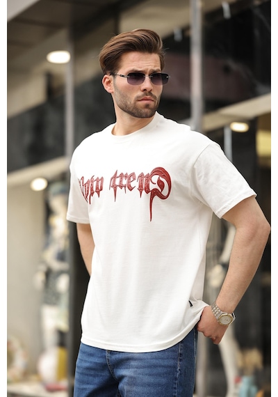 Madmext Ekru Baskılı %100 Pamuk Erkek T-shirt E7141 Ekru
