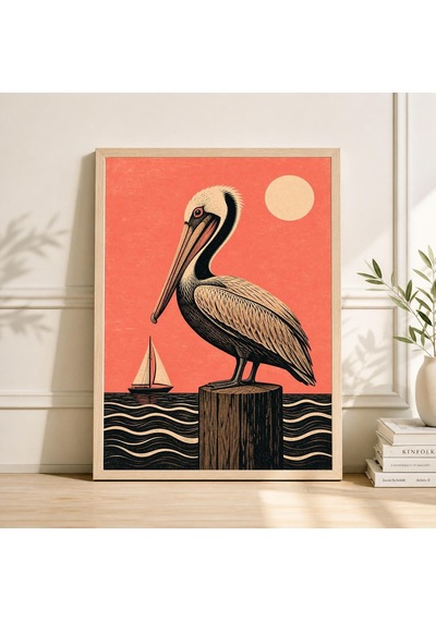 Pelican Okyanus Posteri Pembe Gün Batımı Manzarası Vintage Linol Baskı Sahil Duvar Sanatı