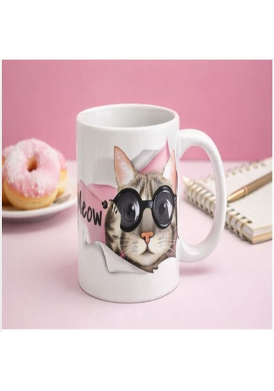 Meow Kedi Tasarımlı Seramik Kupa Sevimli Ve Şık Kahve Bardağı Beyaz