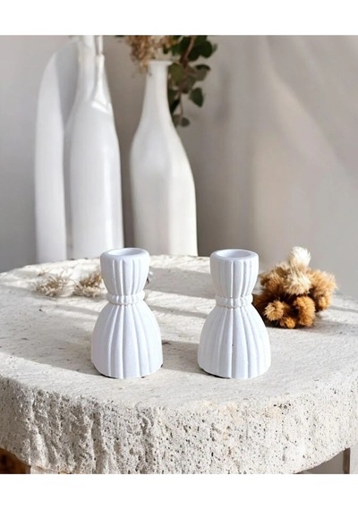 Dekoratif 2 Li Şamdan Beton Mumluk Şamdan Beyaz Beyaz