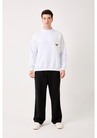 X-4006 Garni Detaylı Üç İplik Şardonlu Sweat Beyaz