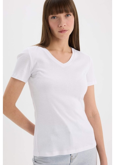 DeFacto 	Slim Fit Dar Kesim V Yaka Ribana Basic Düz Kısa Kollu Beyaz Tişört I1080AZ25SPWT34