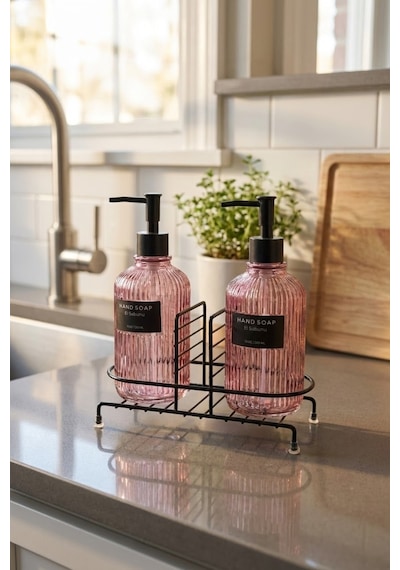 Makri Home Modern Çizgili Yuvarlak Cam Ikili Sıvı Sabunluk & Deterjanlık Seti, Pembe- 500 Ml Cam Sabunluk