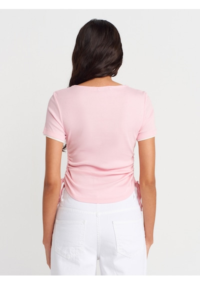 Dilvin 31816 Çift Katlı Büzgülü T-shirt-toz Pembe Toz Pembe