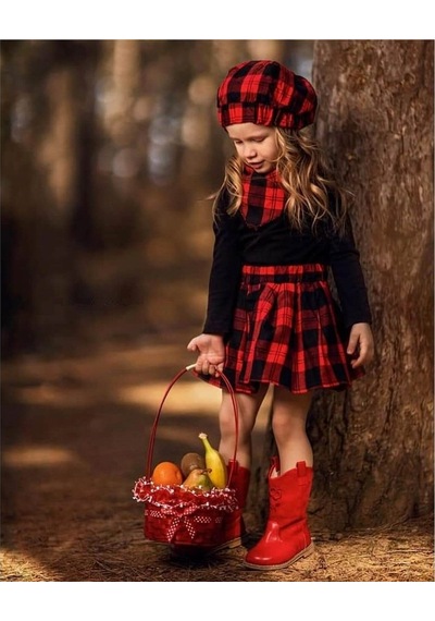 Quzucuk Kids Kız Çocuk Kırmızı Ekoseli Şapkalı Takım Çok Renkli