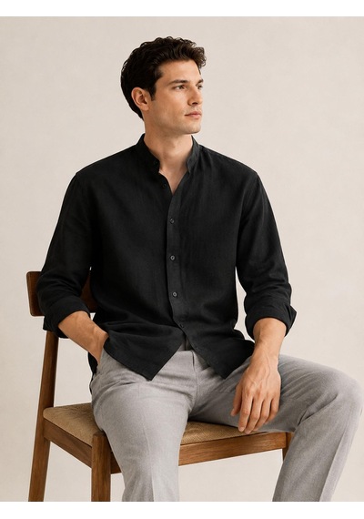 Classics Men Baros Hakim Yaka Uzun Kol Slim Fit Keten Gömlek - 7684 Siyah