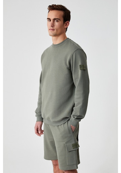 Grimelange OLLIE Erkek Bisiklet Yaka Regular Uzun Kollu Nakış Detaylı Haki Sweatshirt