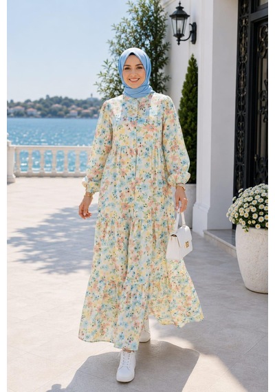 Hb Harma Time Butik Kadın Düğmeli Desenli Modal Kumaş Bej Elbise