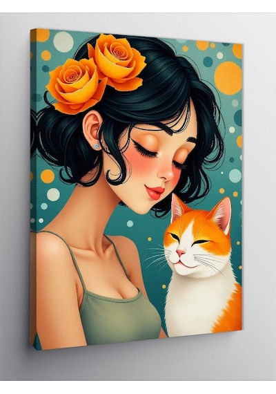 Kanvas Tablo Kedi Ve Şefkatli Kadın 100cmx140cm