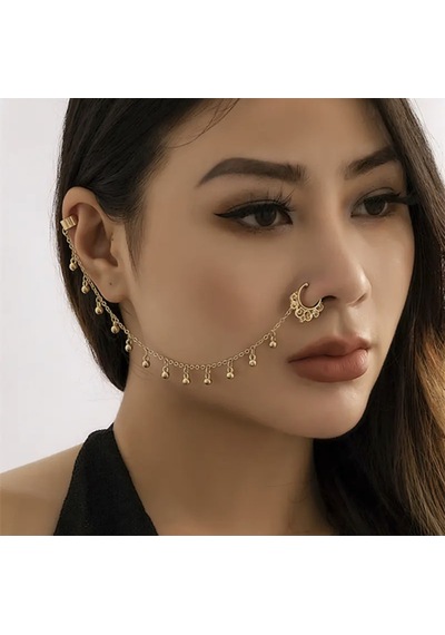 Girift Vintage Yuvarlak Detaylı Kulak Ve Burun Zinciri - Hint Hızması Gold