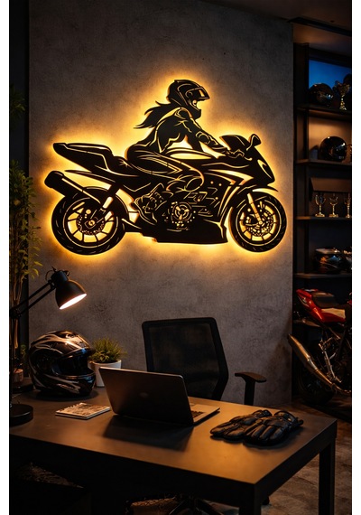Lucenda Led Işıklı Kadın Motorcu Silüet Tablo Modern Motosiklet Duvar Dekoru Sarı - 865124191 Sarı