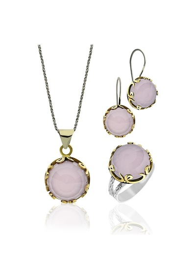 Pembe Kuvars Taşlı Vav Harfi Motifli Otantik Gümüş Kadın Set S10127
