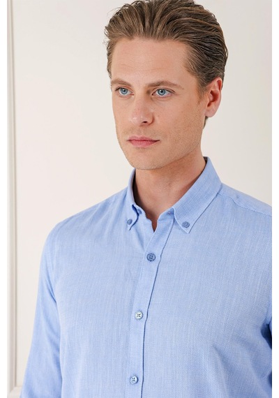 Efor Slim Fit Düğmeli Yaka %100 Pamuk Klasik Mavi Gömlek Gk 723 Mavi