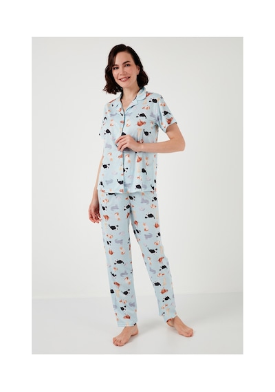 Lela Desenli Kısa Kollu Beli Lastikli Gömlek Yaka Dokuma Regular Fit Bayan Pijama Takımı 6571010 Mint