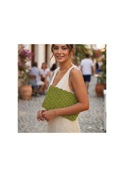 Lento Design Fıstık Yeşili El Örgüsü Raffia Portföy Çanta Bohem Clutch Bej