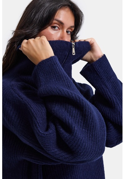 Kadın Lacivert W6-56 Oversize Fermuarlı Triko Kazak V